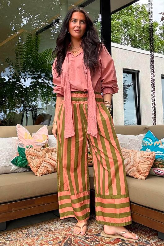 Bloc Stripe Wide Leg Pant Olive & Soft Terracotta